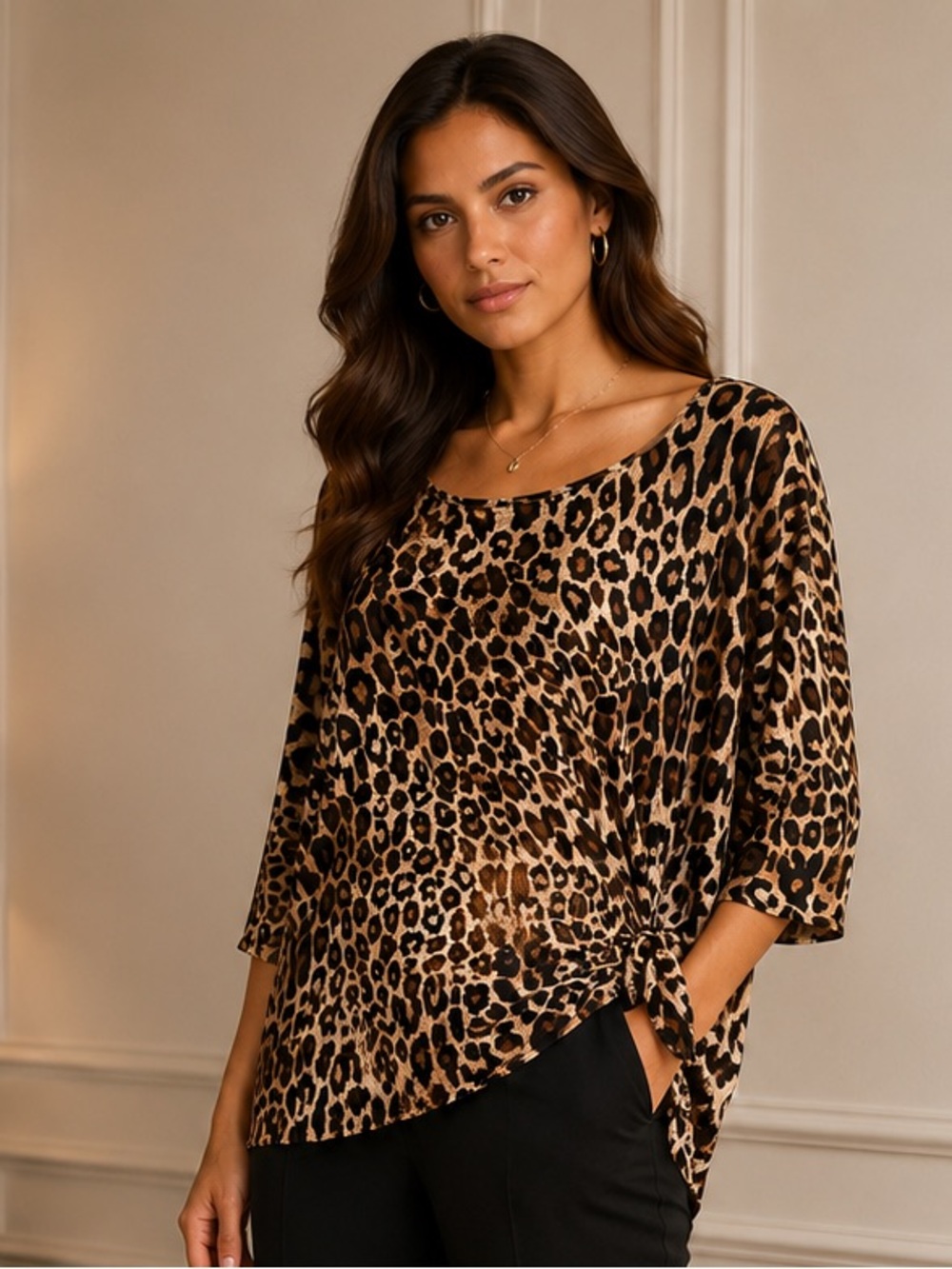 M&E Leopard Print Tie-Waist Blouse Size Small